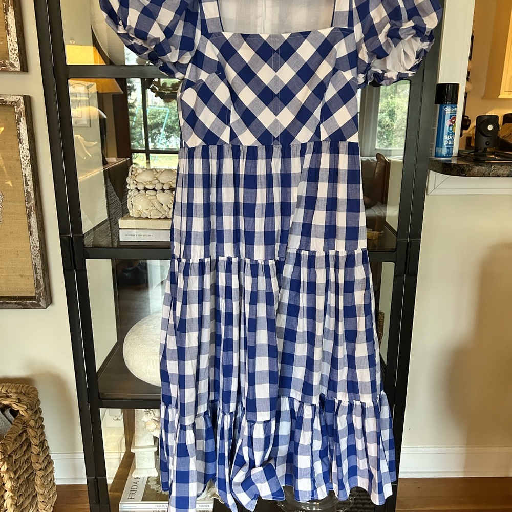 Antonio Melani short puff sleevee square neck gingham A-line dress